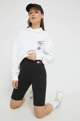 Tommy Jeans pantaloni scurti femei, culoarea negru, cu imprimeu, high waist