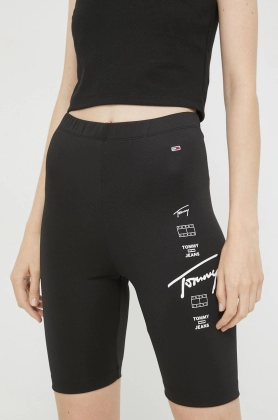 Tommy Jeans pantaloni scurti femei, culoarea negru, cu imprimeu, high waist