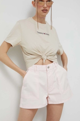 Tommy Jeans pantaloni scurti femei, culoarea roz, neted, high waist