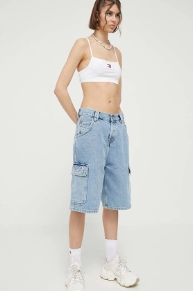 Tommy Jeans pantaloni scurti jeans femei, cu imprimeu, high waist