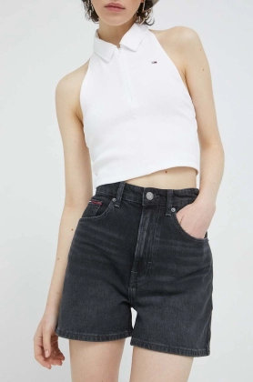 Tommy Jeans pantaloni scurti jeans femei, culoarea negru, neted, high waist