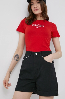 Tommy Jeans pantaloni scurti jeans femei, culoarea negru, neted, high waist