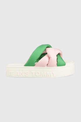 Tommy Jeans papuci FLTFRM SNDL NW UPPR femei, culoarea verde, cu platforma, EN0EN02118