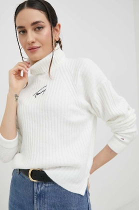 Tommy Jeans pulover femei, culoarea alb, cu guler