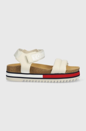 Tommy Jeans sandale FLAG OUTSOLE SANDAL femei, culoarea bej, cu platforma, EN0EN02122