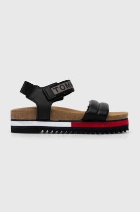 Tommy Jeans sandale FLAG OUTSOLE SANDAL femei, culoarea negru, cu platforma, EN0EN02122