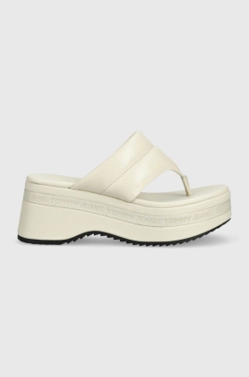 Tommy Jeans slapi de piele SANDAL PADDED femei, culoarea bej, cu platforma, EN0EN02075