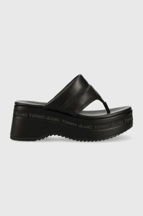 Tommy Jeans slapi de piele SANDAL PADDED femei, culoarea negru, cu platforma, EN0EN02075