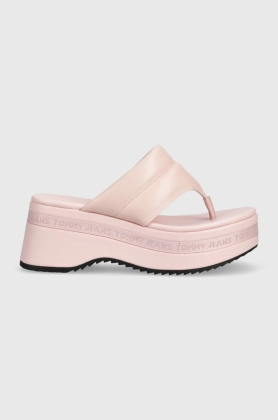 Tommy Jeans slapi de piele SANDAL PADDED femei, culoarea roz, cu platforma, EN0EN02075