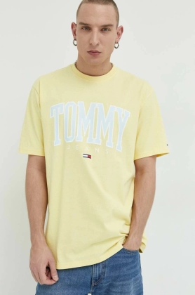 Tommy Jeans tricou din bumbac culoarea galben, cu imprimeu