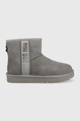 UGG cizme de zapada din piele intoarsa W Classic Mini Slide Logo II femei, culoarea gri