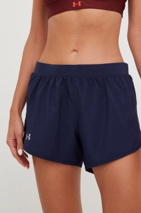 Under Armour pantaloni scurti de alergare femei, culoarea albastru marin, neted, medium waist