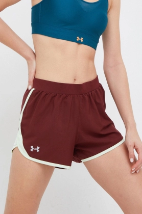 Under Armour pantaloni scurti de alergare femei, culoarea bordo, neted, medium waist