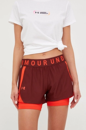 Under Armour pantaloni scurti de antrenament femei, culoarea bordo, cu imprimeu, high waist