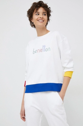 United Colors of Benetton hanorac de bumbac femei, culoarea alb, cu imprimeu