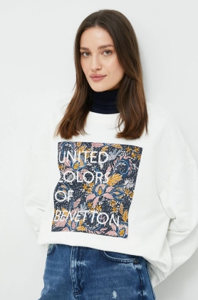 United Colors of Benetton hanorac de bumbac femei, culoarea bej, cu imprimeu