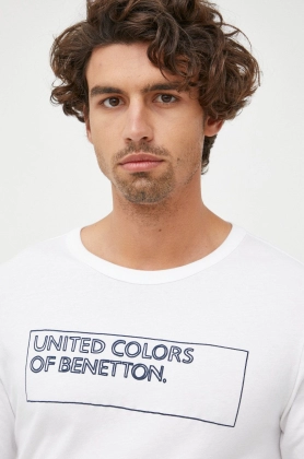 United Colors of Benetton longsleeve din bumbac culoarea alb, cu imprimeu