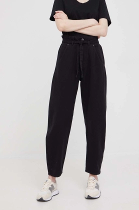 United Colors of Benetton pantaloni de bumbac femei, culoarea negru, drept, high waist