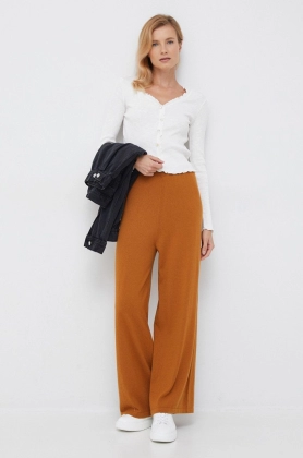 United Colors of Benetton pantaloni din amestec de casmir femei, culoarea portocaliu, lat, high waist
