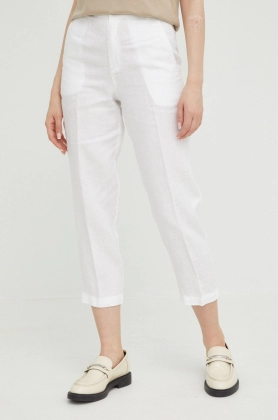 United Colors of Benetton pantaloni din in femei, culoarea alb, drept, high waist