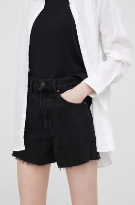 Wrangler pantaloni scurti jeans femei, culoarea negru, neted, high waist