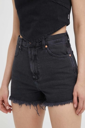 Wrangler pantaloni scurti jeans femei, culoarea negru, neted, high waist