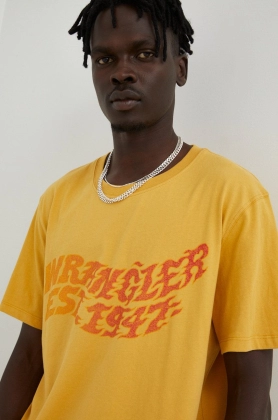 Wrangler tricou din bumbac culoarea galben, cu imprimeu