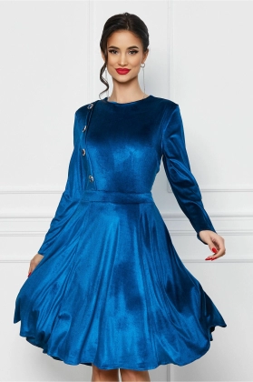 Rochie Dy Fashion albastra din catifea cu nasturi pe o parte