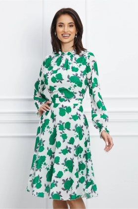Rochie Dy Fashion din voal alba cu imprimeu verde