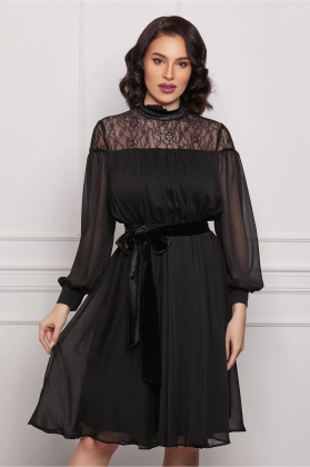 Rochie Dy Fashion neagra din voal cu cordon catifelat in talie