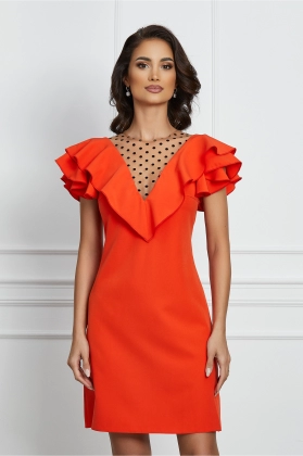 Rochie Moze orange cu volanas si tulle cu buline la baza gatului